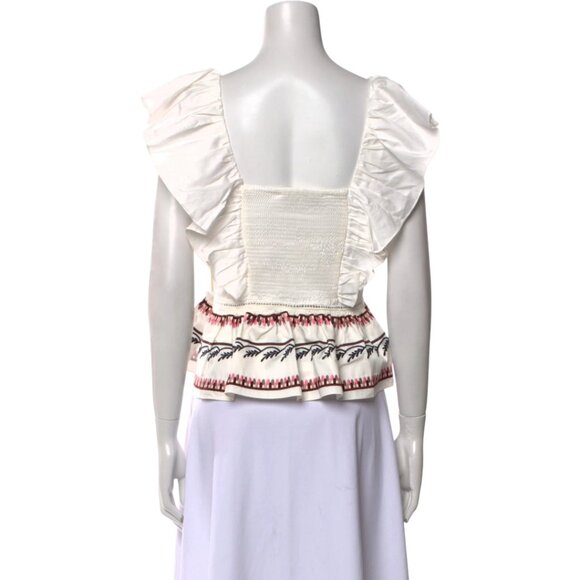 NWT LUG VON SIGA Jade Ruffled Shirred Embroidered Cotton-Poplin Top, 40 FR/M - Picture 6 of 6